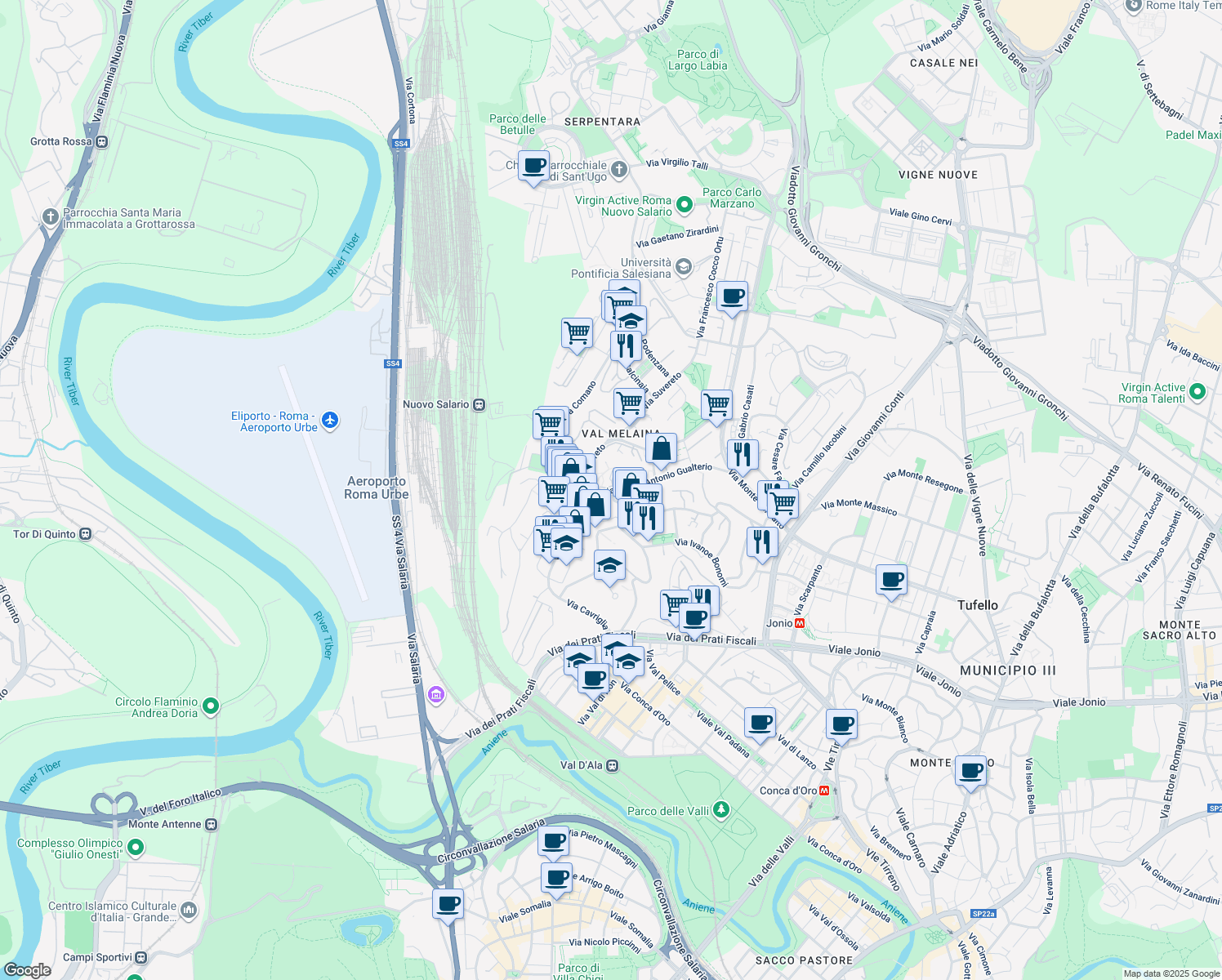 map of restaurants, bars, coffee shops, grocery stores, and more near 148 Via Piero Foscari in Roma