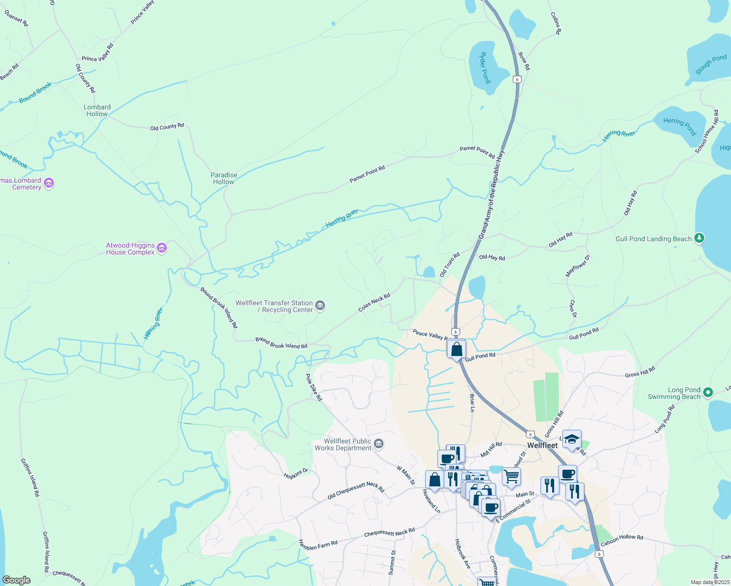map of restaurants, bars, coffee shops, grocery stores, and more near 25 Whidah Way in Wellfleet