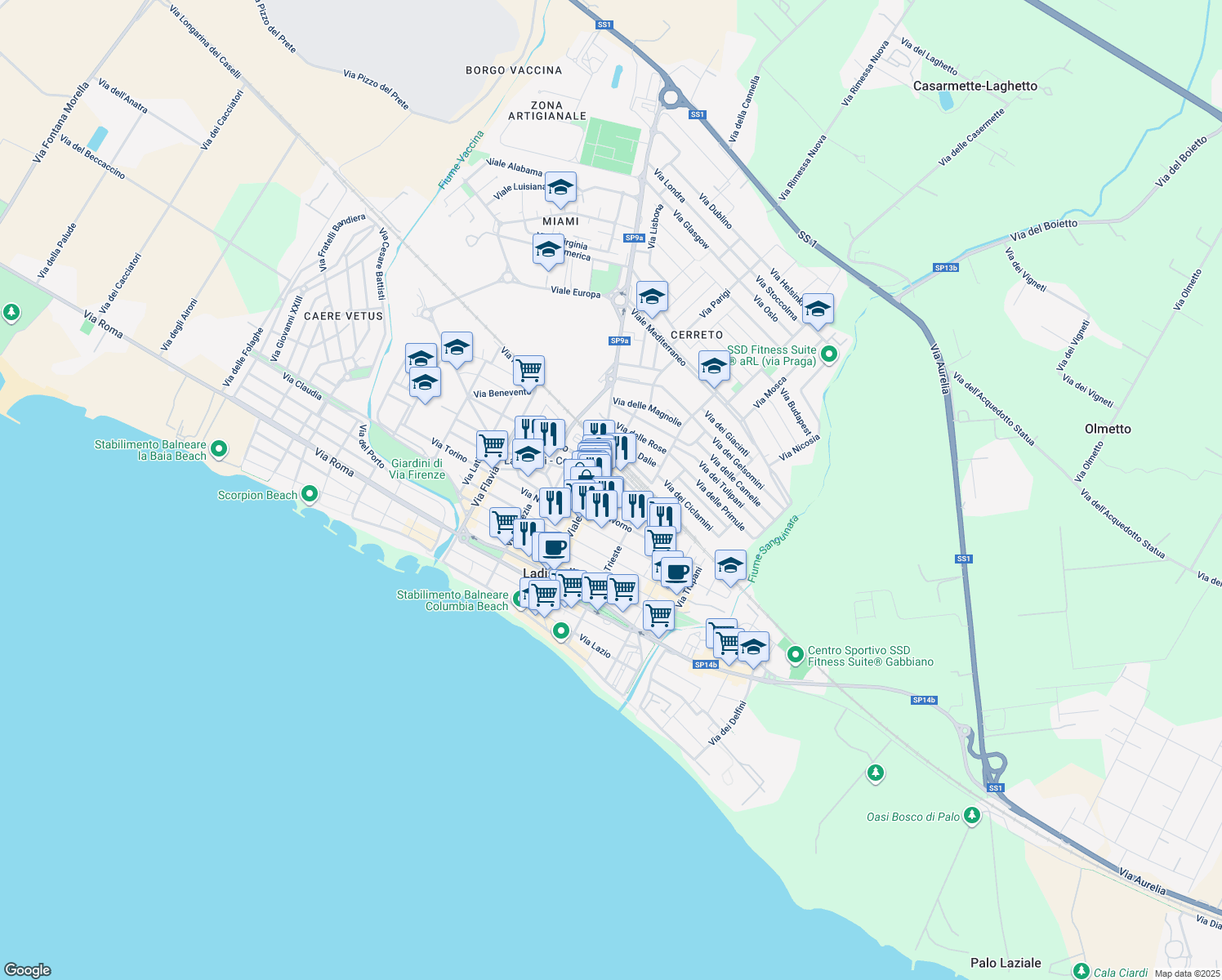 map of restaurants, bars, coffee shops, grocery stores, and more near 11 Via Bordighera in Ladispoli