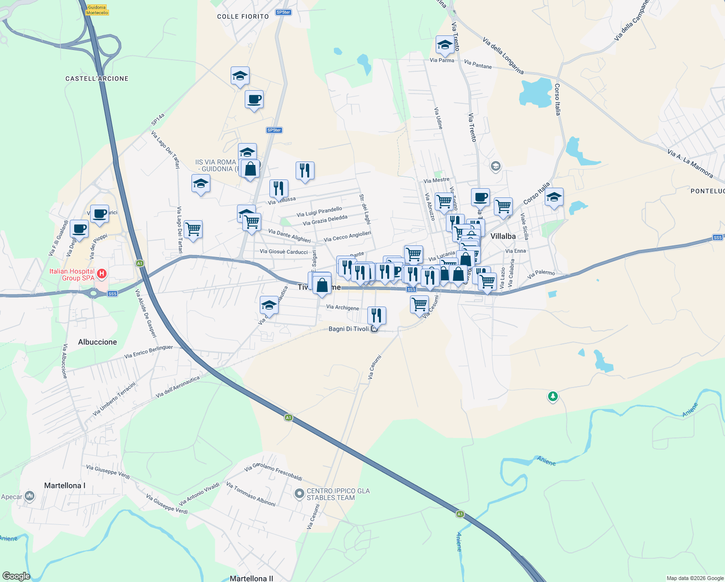 map of restaurants, bars, coffee shops, grocery stores, and more near 250 Via Nazionale Tiburtina in Tivoli Terme