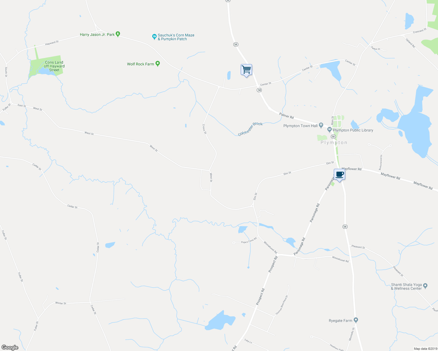 map of restaurants, bars, coffee shops, grocery stores, and more near 52 West Street in Plympton
