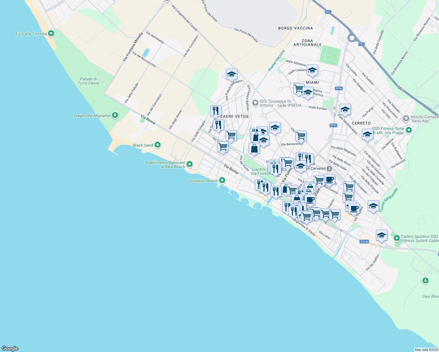 map of restaurants, bars, coffee shops, grocery stores, and more near 20 Via Arenile di Torre Flavia in Ladispoli
