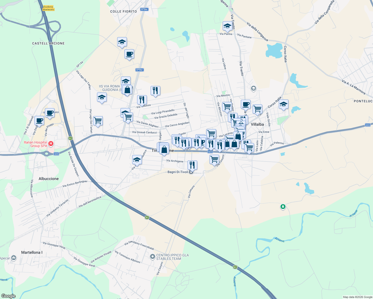 map of restaurants, bars, coffee shops, grocery stores, and more near 250 Via Nazionale Tiburtina in Tivoli Terme