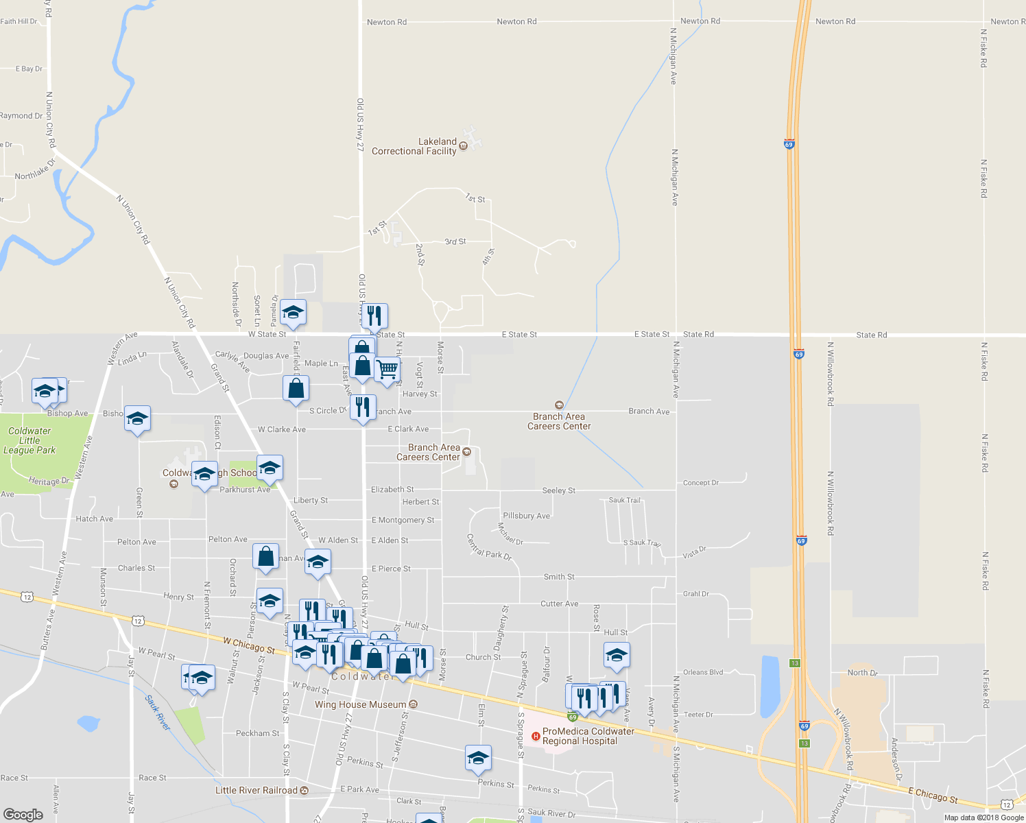 map of restaurants, bars, coffee shops, grocery stores, and more near Branch Avenue in Coldwater