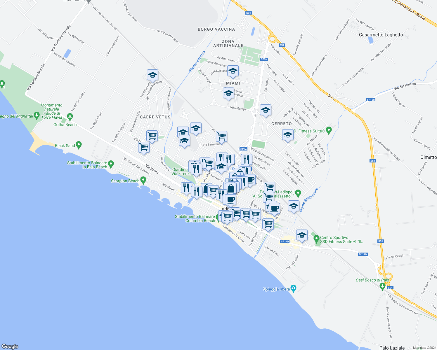 map of restaurants, bars, coffee shops, grocery stores, and more near 130/A Via La Spezia in Ladispoli