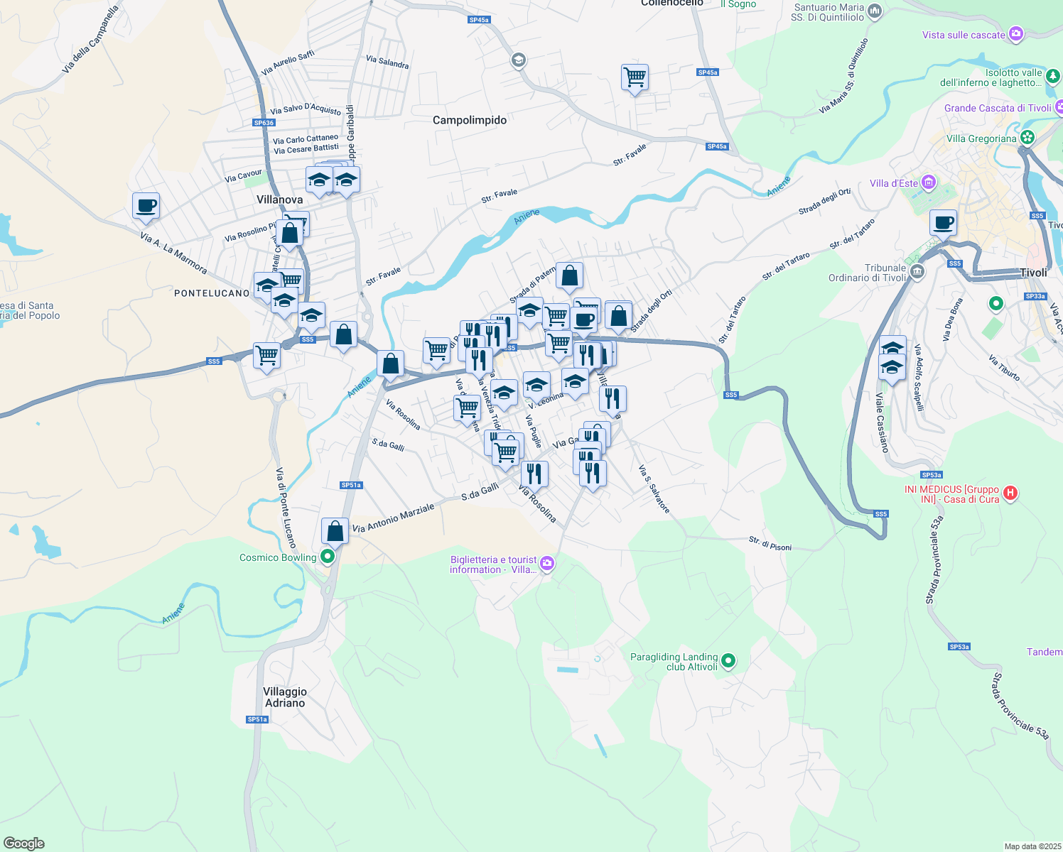 map of restaurants, bars, coffee shops, grocery stores, and more near Via Puglie in Tivoli