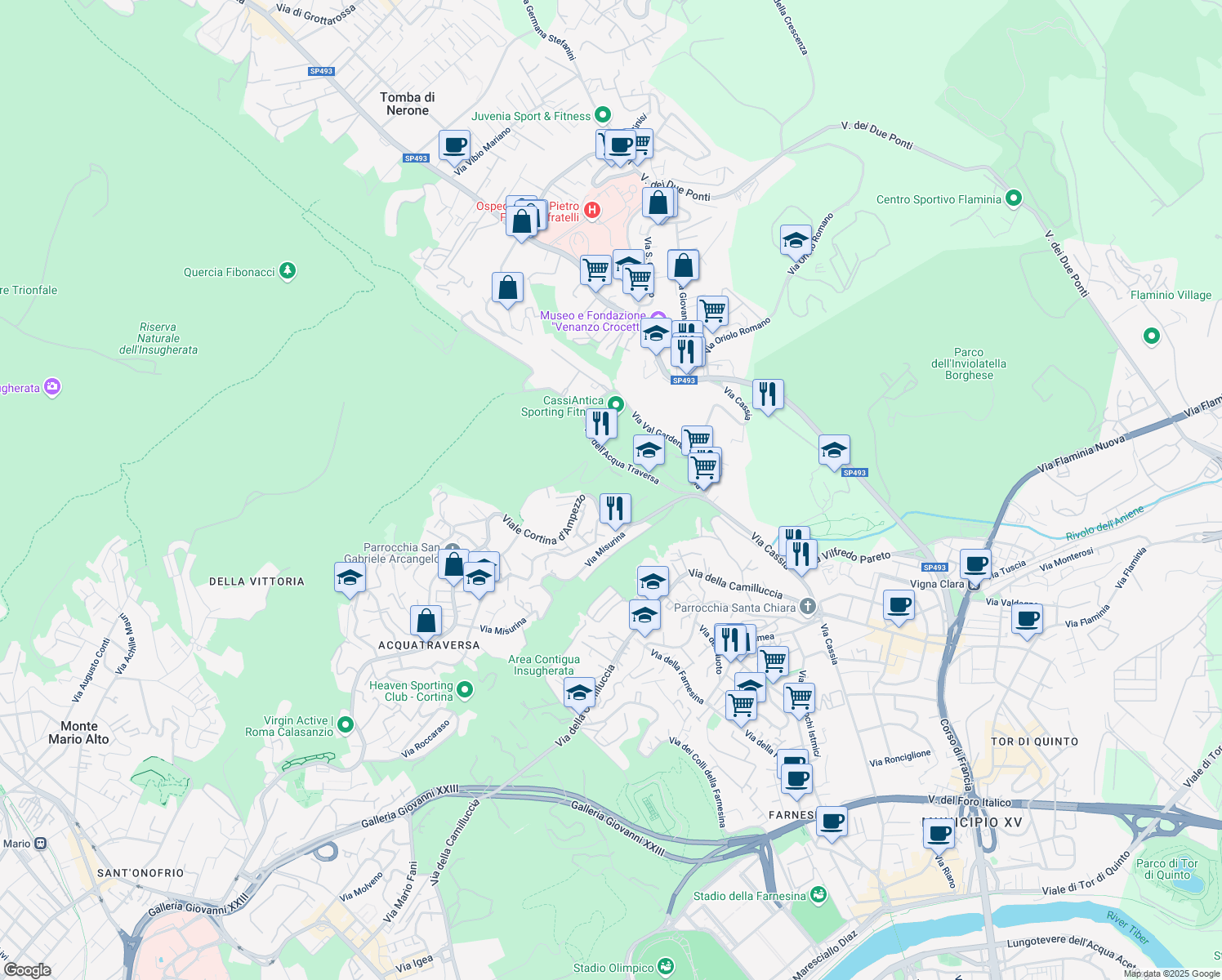 map of restaurants, bars, coffee shops, grocery stores, and more near 15-23 Via Sestriere in Rome