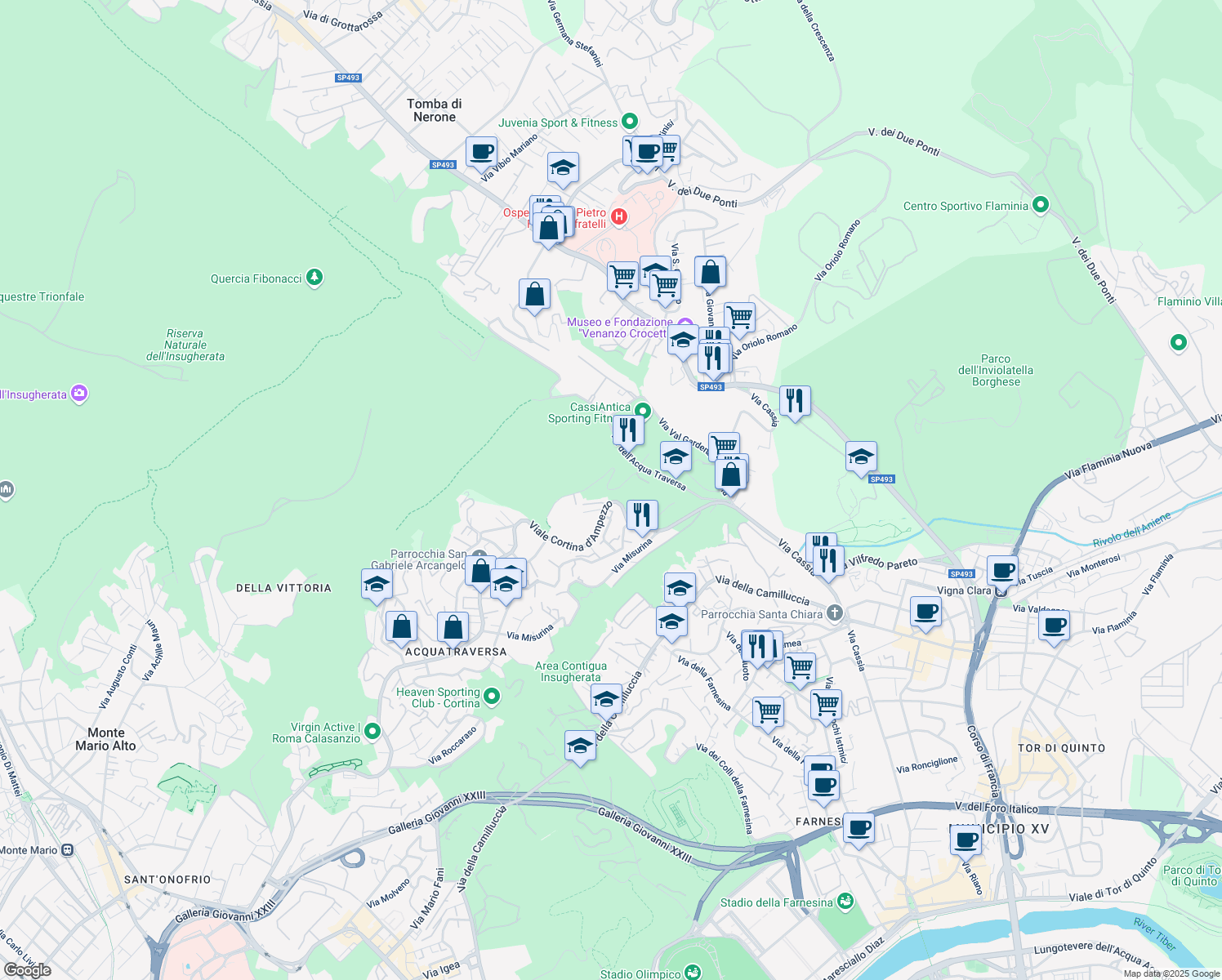 map of restaurants, bars, coffee shops, grocery stores, and more near 23 Via Sestriere in Città metropolitana di Roma Capitale