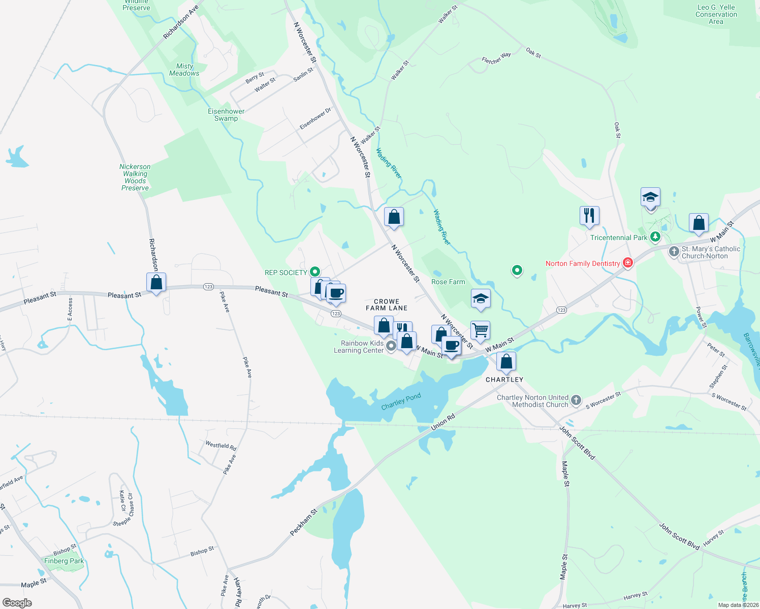 map of restaurants, bars, coffee shops, grocery stores, and more near 10 Crowe Farm Lane in Norton