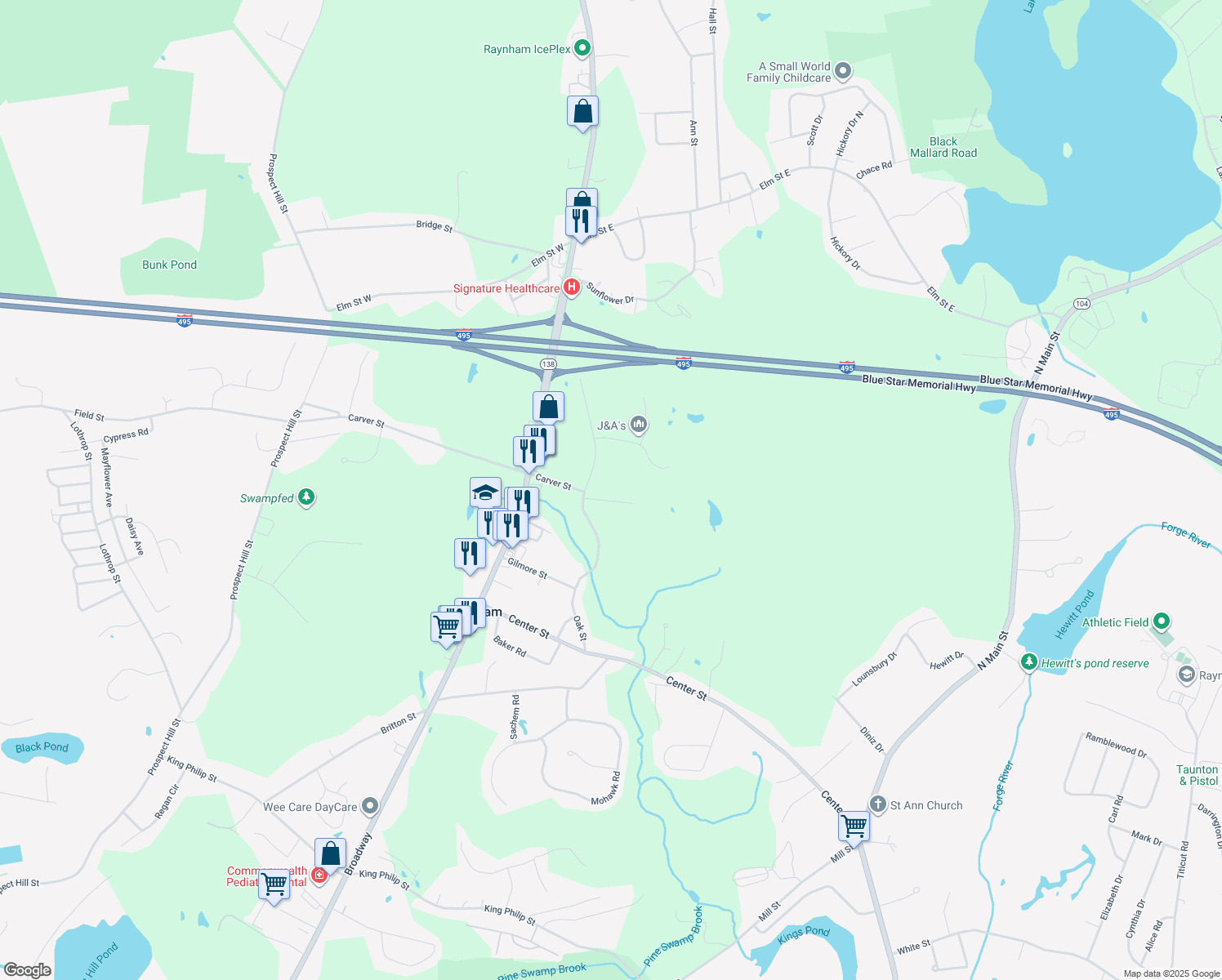 map of restaurants, bars, coffee shops, grocery stores, and more near 251-REAR Oak St in Raynham