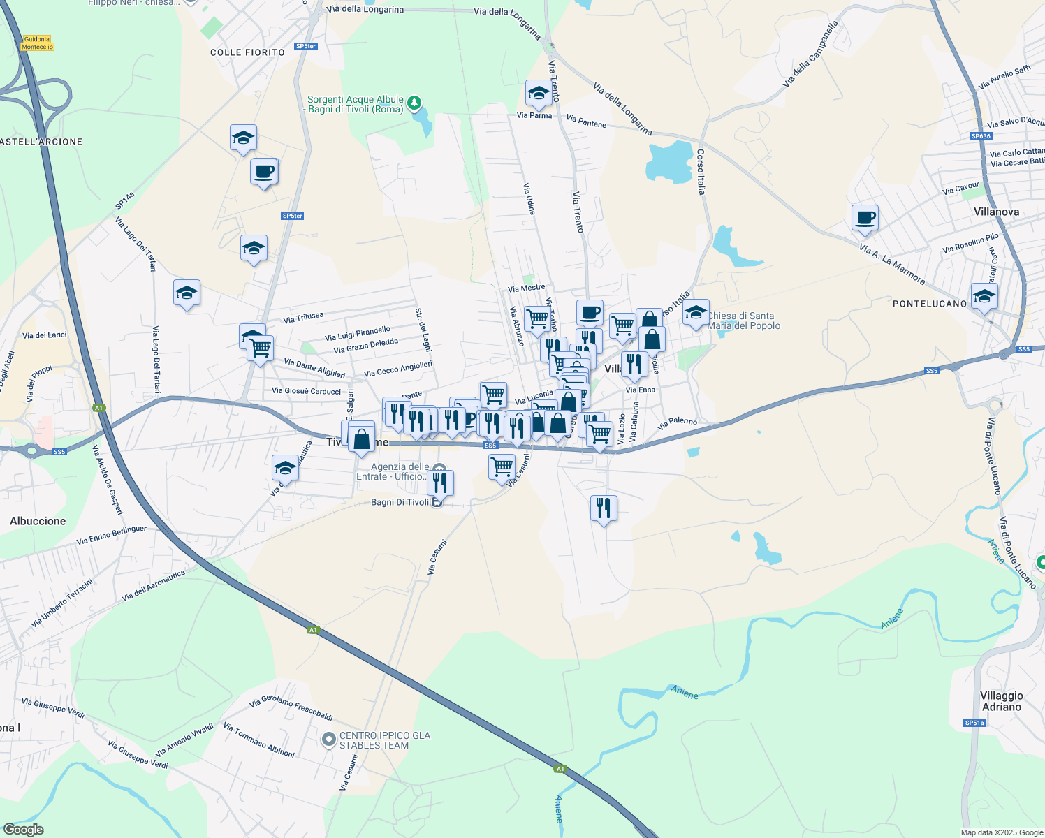 map of restaurants, bars, coffee shops, grocery stores, and more near 34 Via Don Giovanni Minzoni in Tivoli Terme