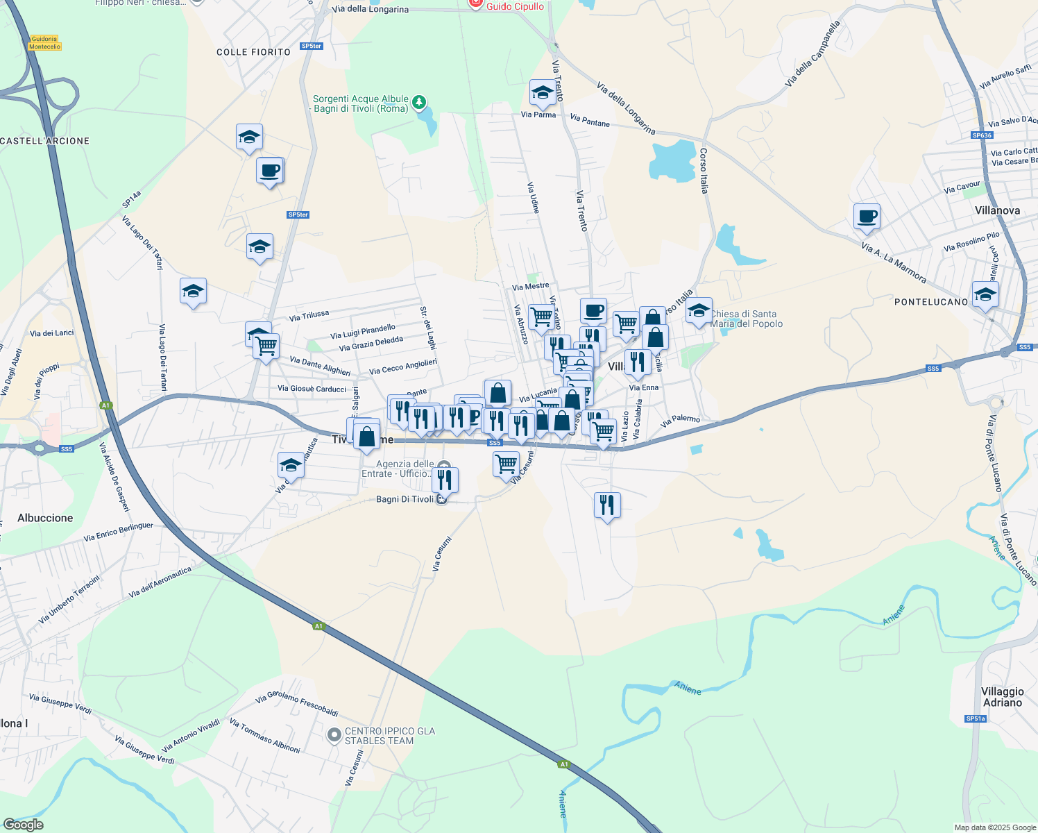 map of restaurants, bars, coffee shops, grocery stores, and more near 34 Via Don Giovanni Minzoni in Tivoli Terme