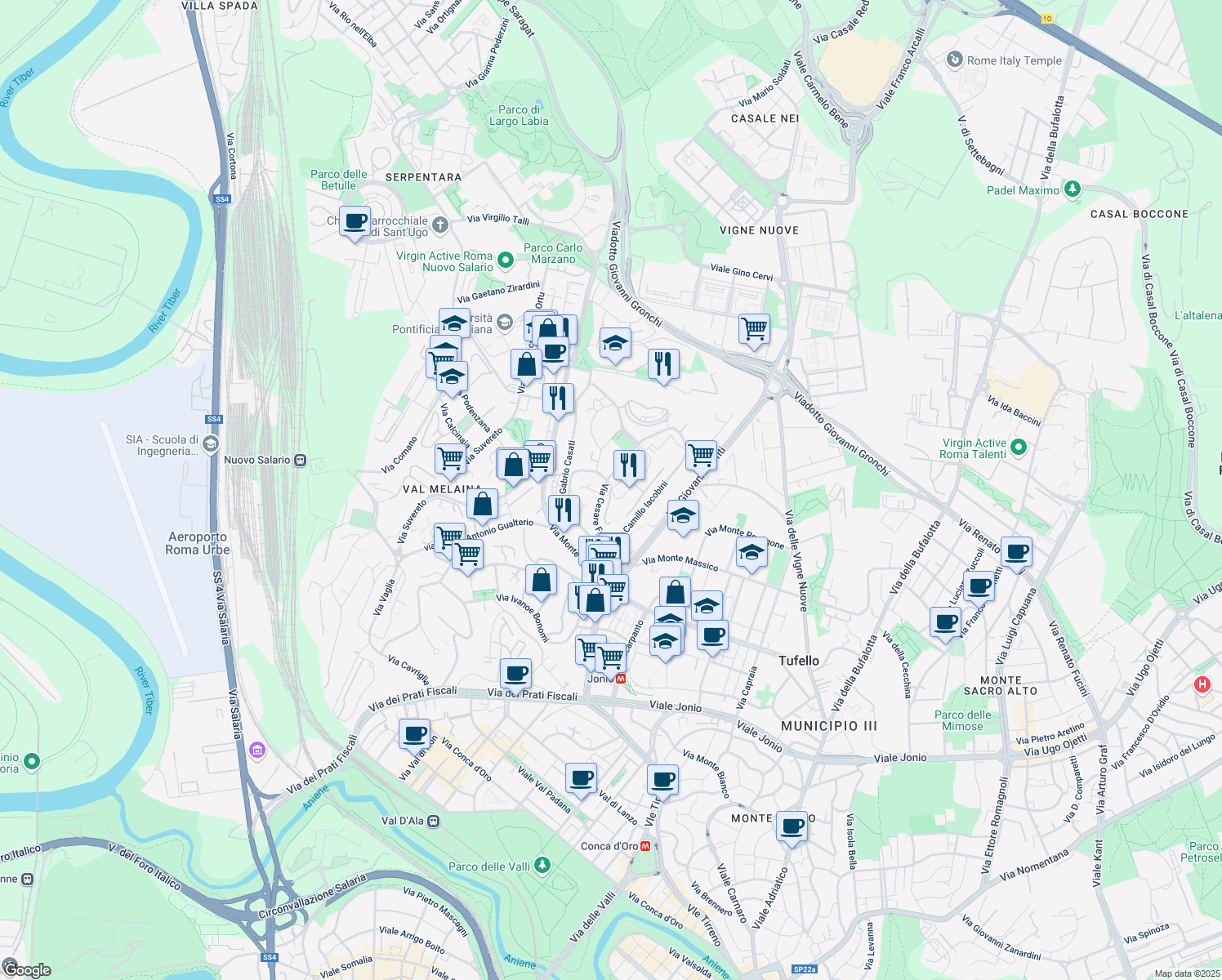 map of restaurants, bars, coffee shops, grocery stores, and more near 1 Via Giuseppe Romualdi in Rome