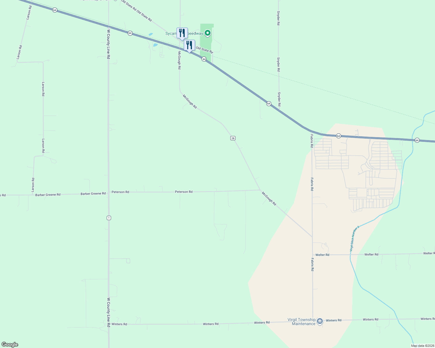 map of restaurants, bars, coffee shops, grocery stores, and more near 49W972 Peterson Rd in Maple Park