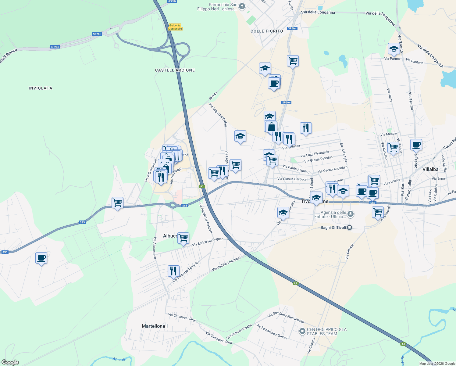 map of restaurants, bars, coffee shops, grocery stores, and more near Via Tiburtina Valeria in Province of Rome