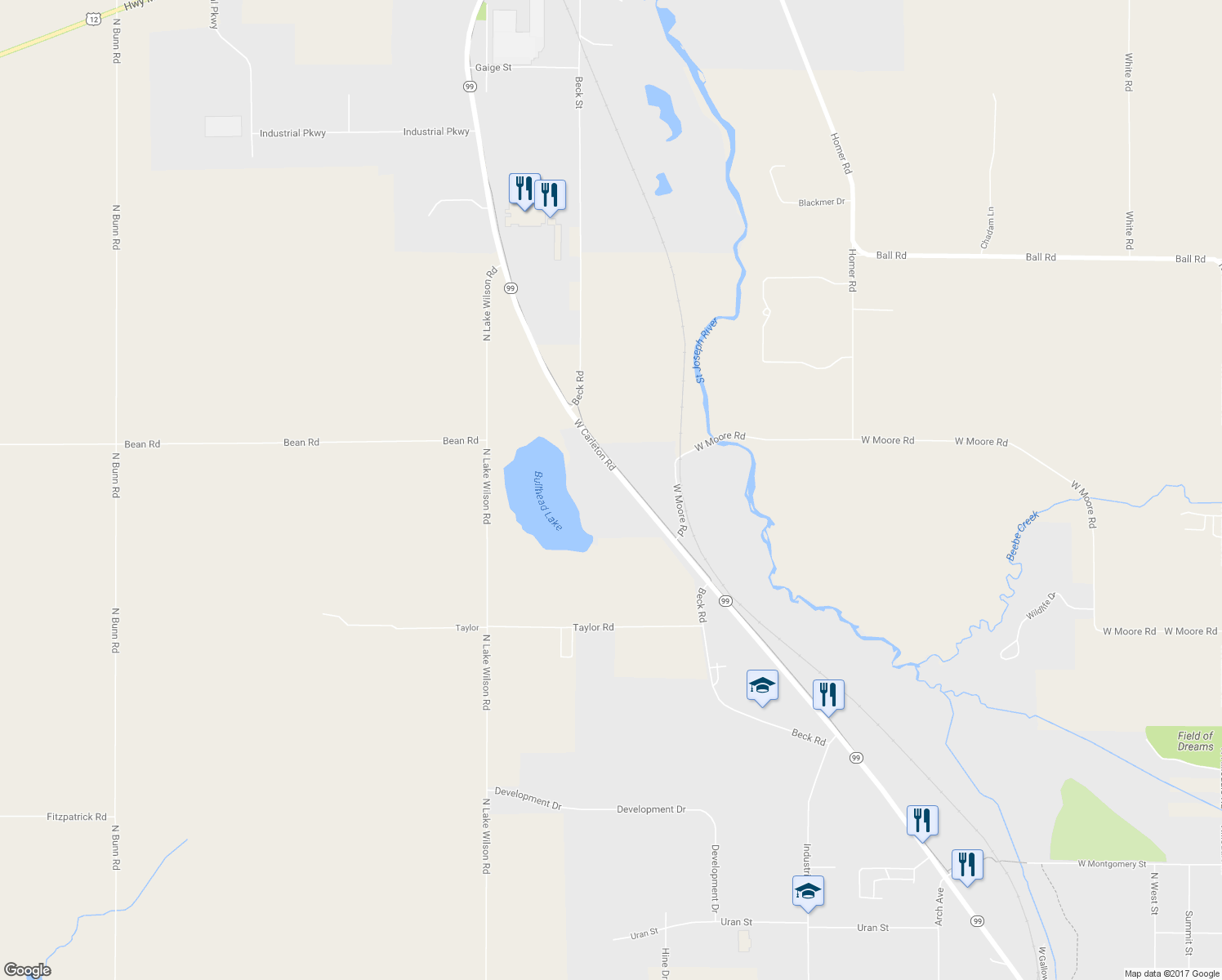 map of restaurants, bars, coffee shops, grocery stores, and more near 3780 West Carleton Road in Hillsdale