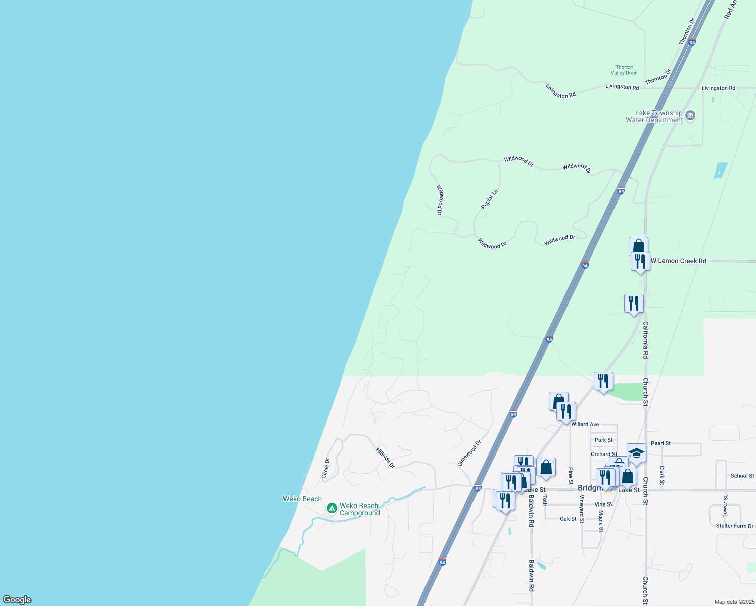 map of restaurants, bars, coffee shops, grocery stores, and more near 8980 Dunewood Drive in Bridgman