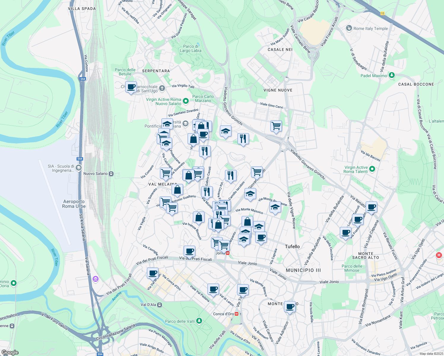 map of restaurants, bars, coffee shops, grocery stores, and more near 1 Via Giuseppe Romualdi in Roma