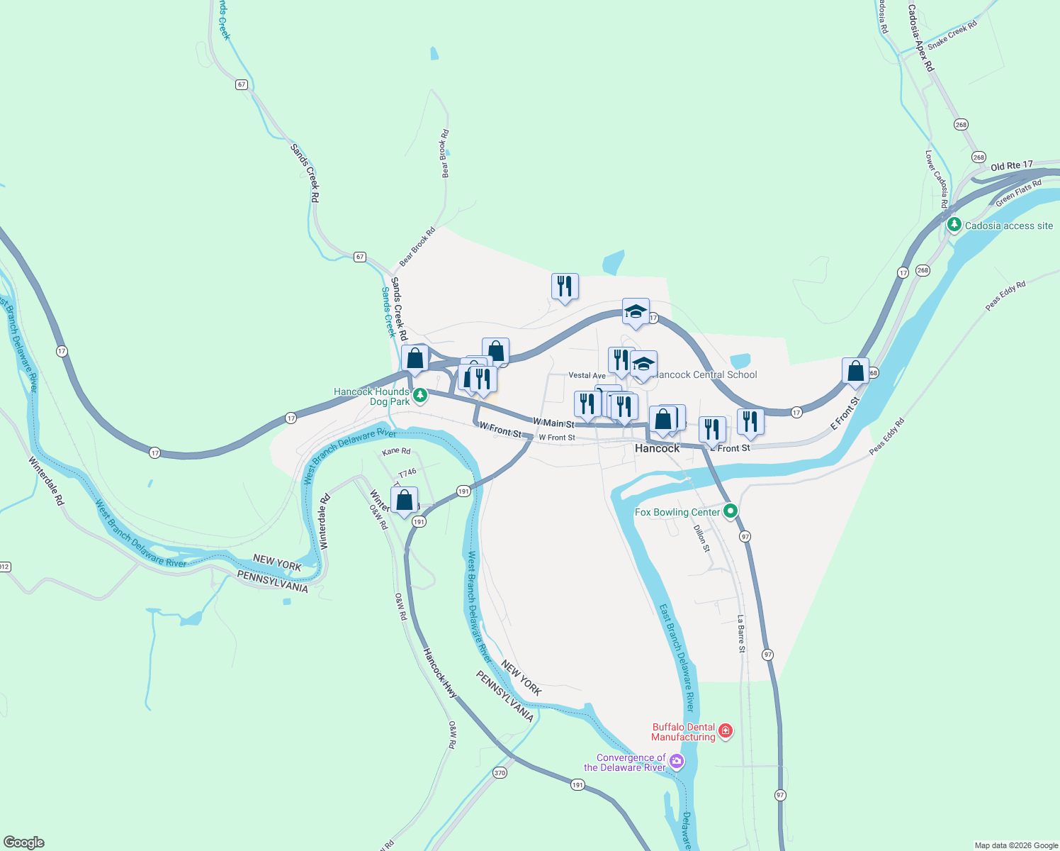 map of restaurants, bars, coffee shops, grocery stores, and more near 305 W Main St in Hancock