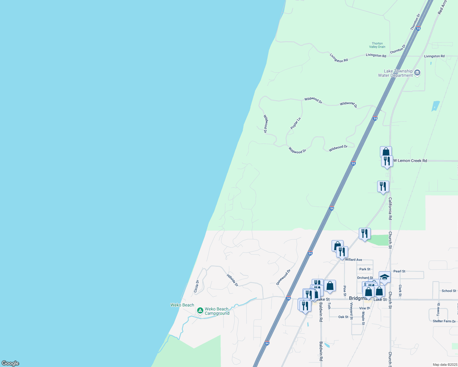 map of restaurants, bars, coffee shops, grocery stores, and more near 8980 Dunewood Drive in Bridgman