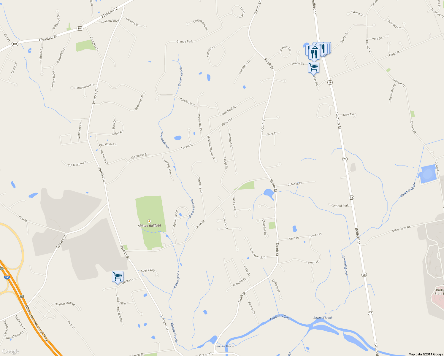 map of restaurants, bars, coffee shops, grocery stores, and more near 140 Legge Street in Bridgewater