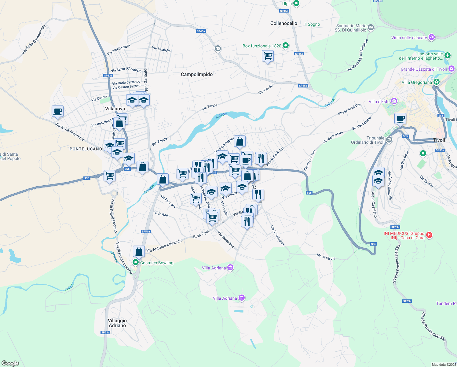 map of restaurants, bars, coffee shops, grocery stores, and more near Via Puglie in Tivoli