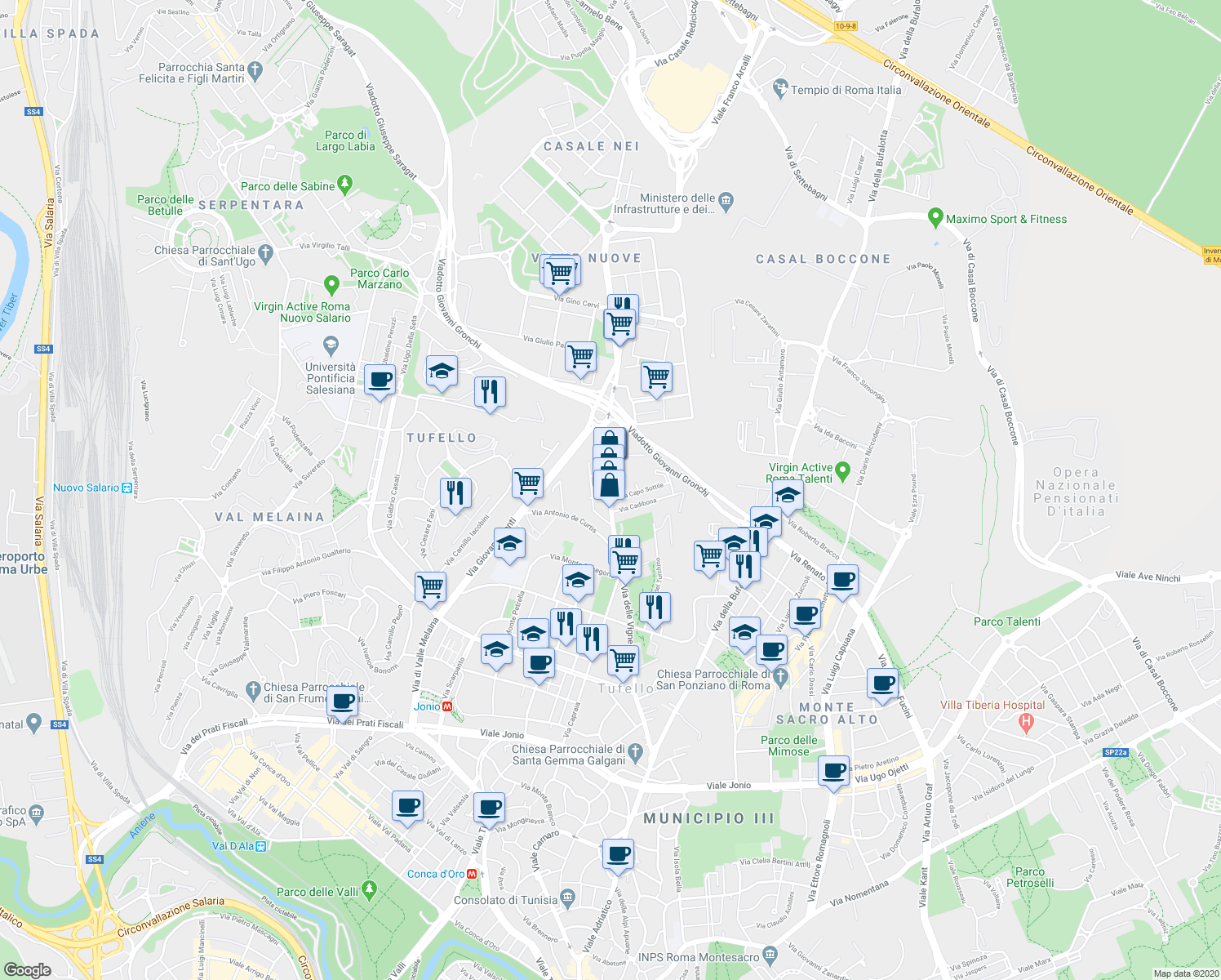 map of restaurants, bars, coffee shops, grocery stores, and more near 416-420 Via delle Vigne Nuove in Roma
