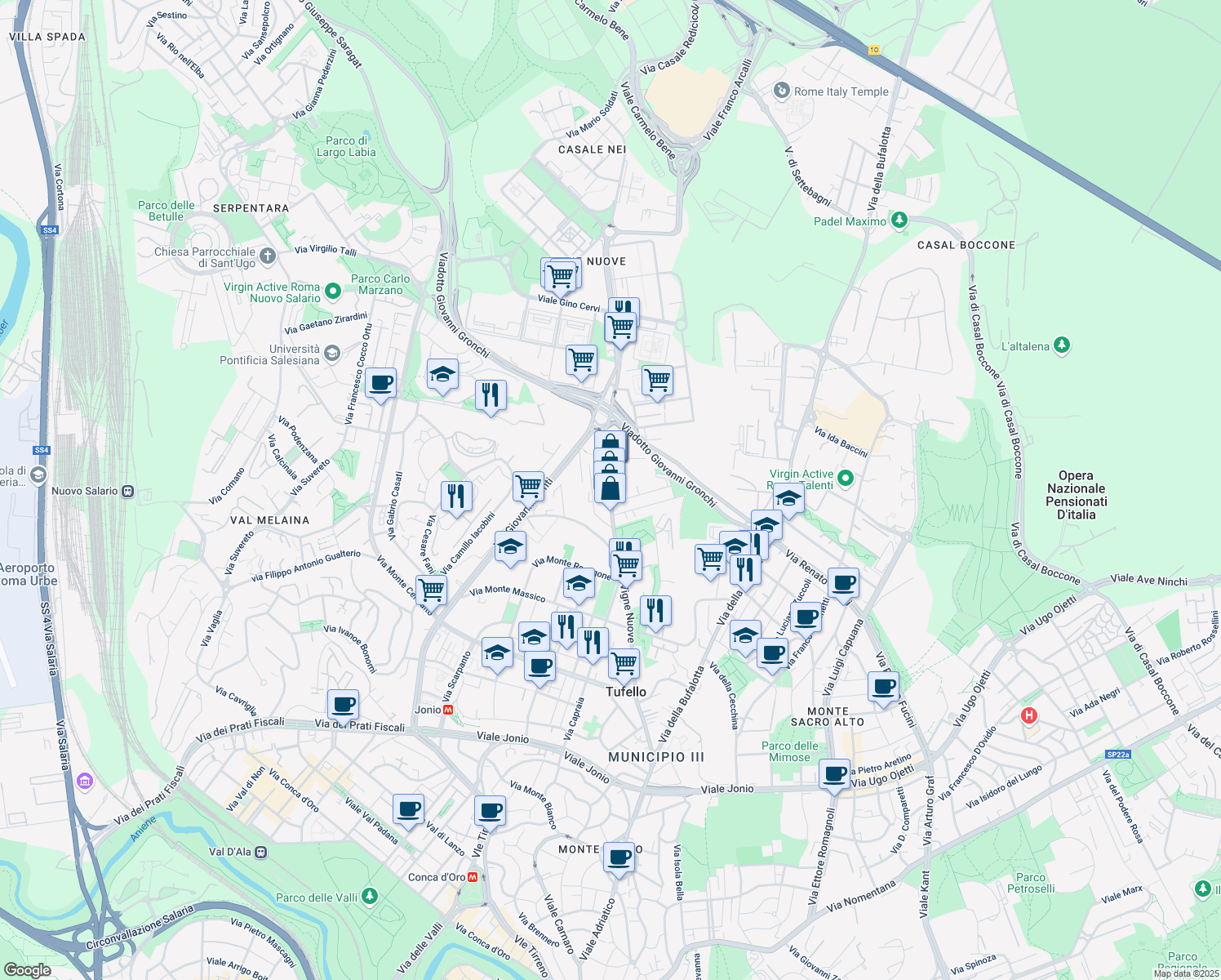 map of restaurants, bars, coffee shops, grocery stores, and more near 420 Via delle Vigne Nuove in Roma