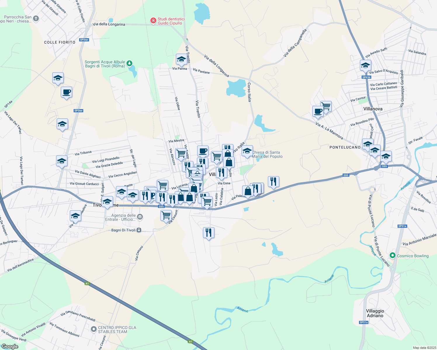 map of restaurants, bars, coffee shops, grocery stores, and more near 242 Corso Italia in Villalba