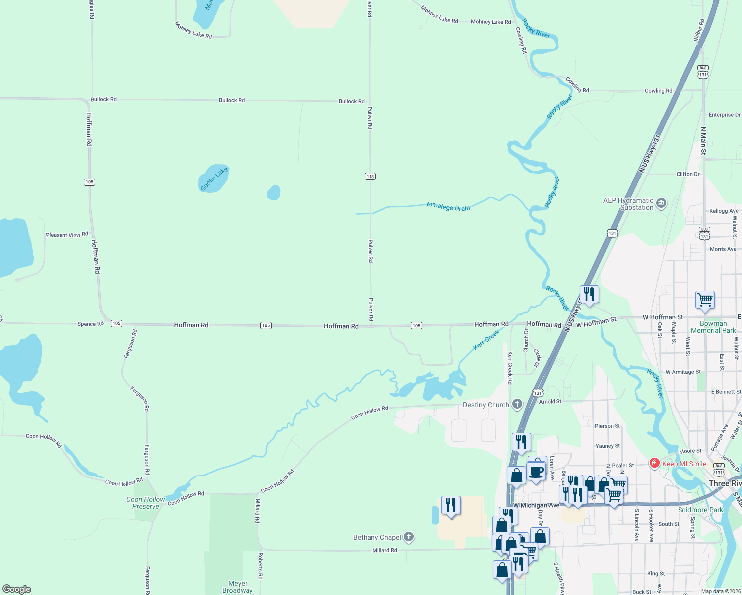 map of restaurants, bars, coffee shops, grocery stores, and more near 57882 Pulver Road in Three Rivers