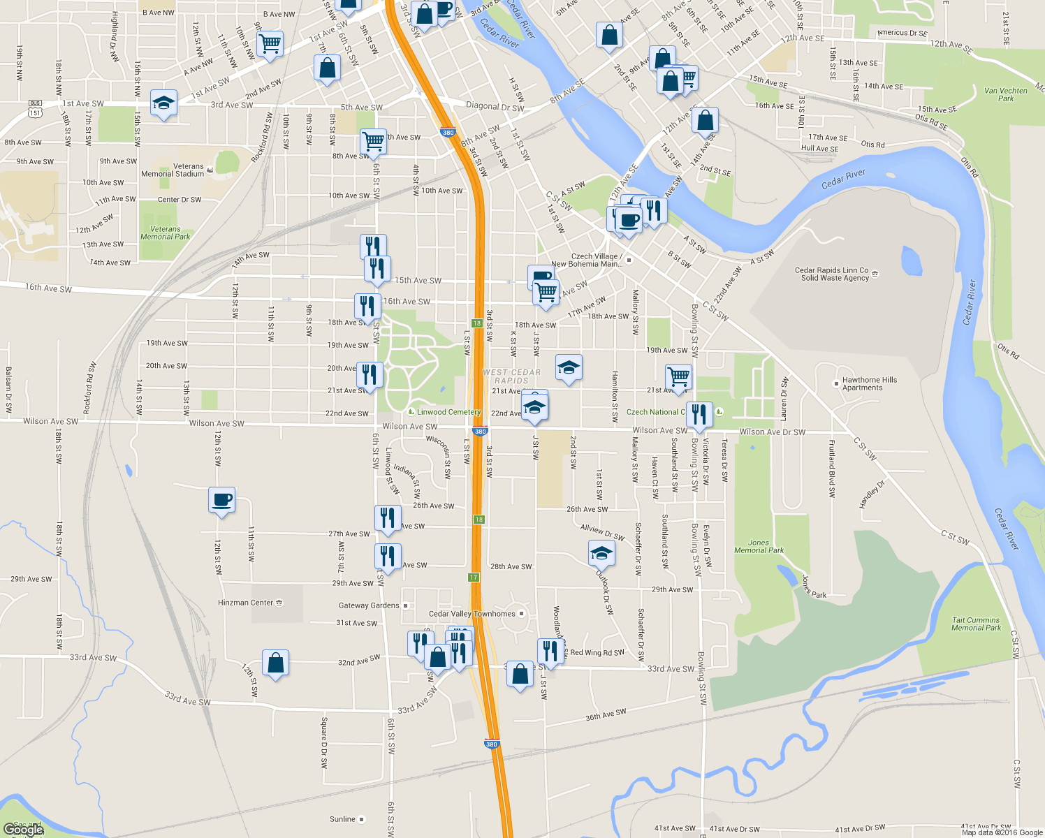 map of restaurants, bars, coffee shops, grocery stores, and more near 259 22nd Avenue Southwest in Cedar Rapids