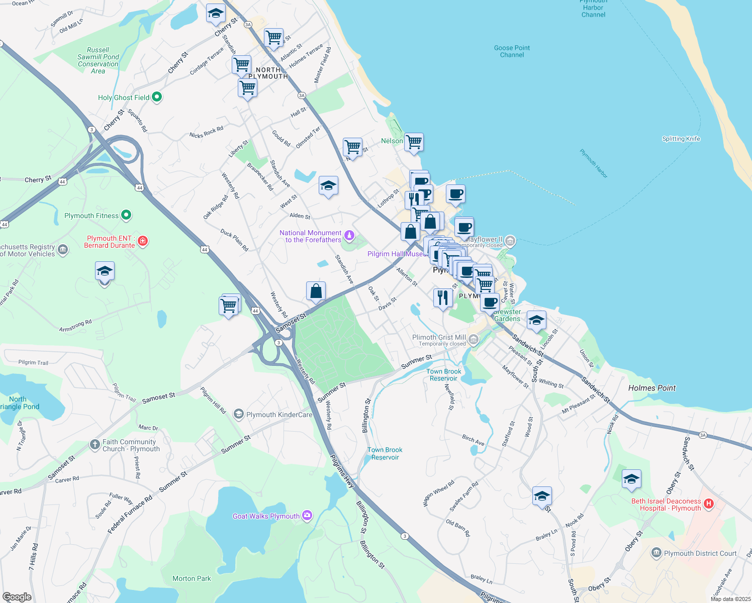 map of restaurants, bars, coffee shops, grocery stores, and more near 68 Oak Street in Plymouth