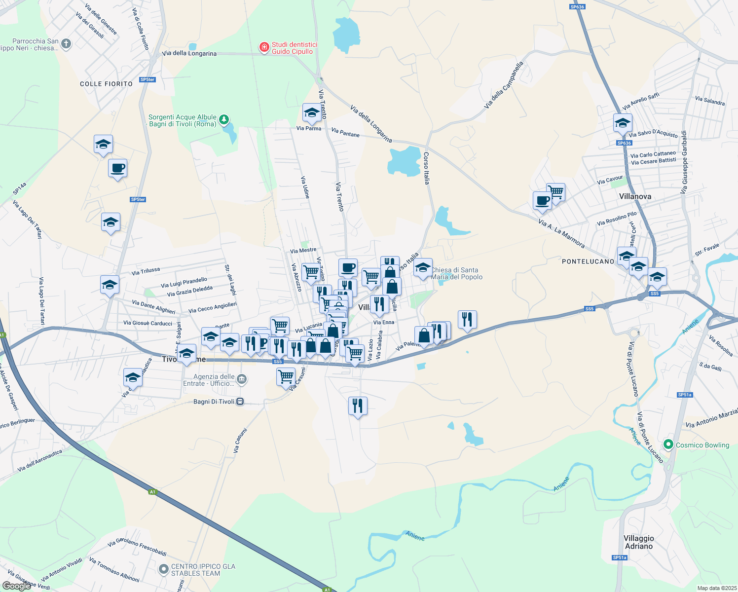 map of restaurants, bars, coffee shops, grocery stores, and more near 242 Corso Italia in Villalba