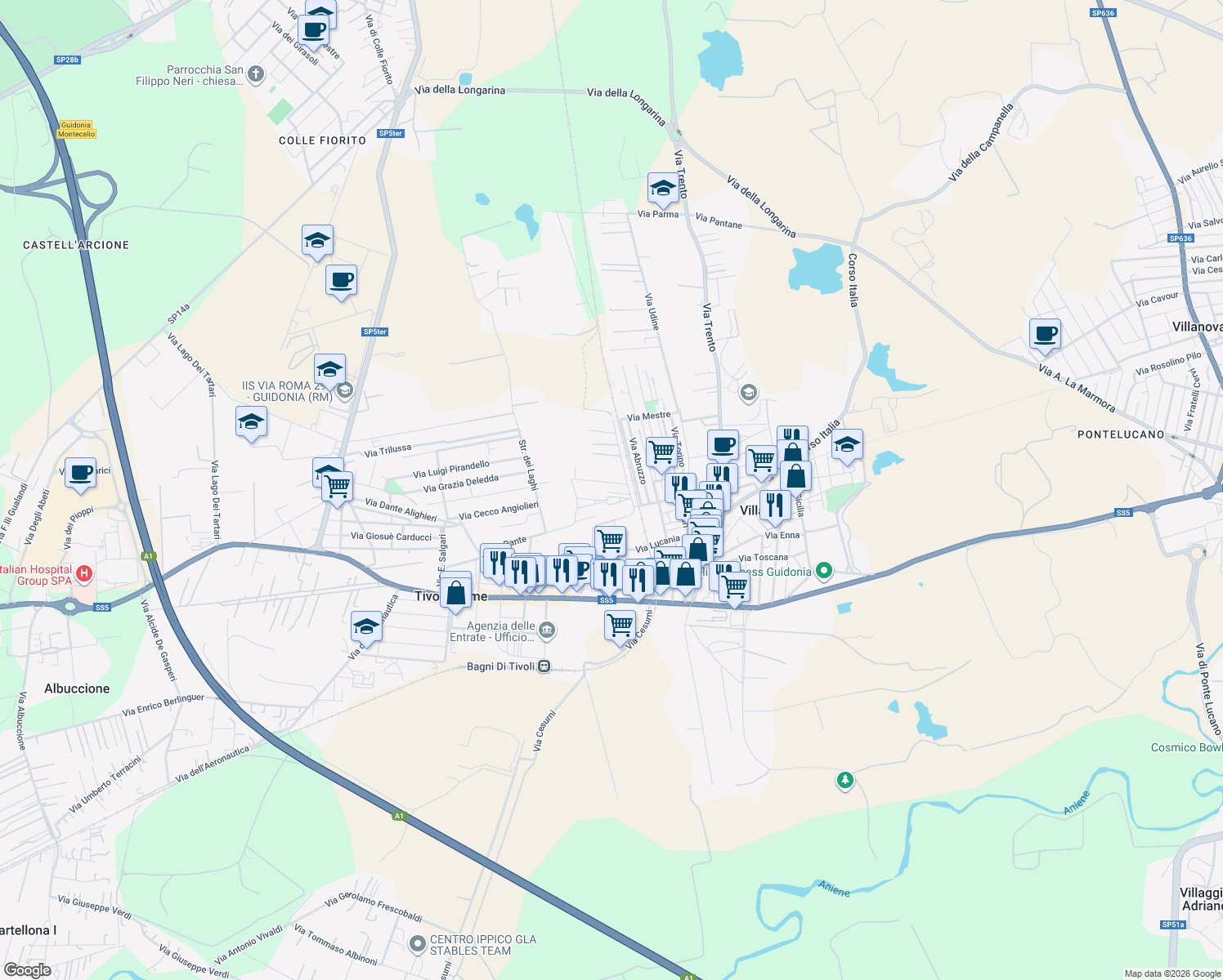 map of restaurants, bars, coffee shops, grocery stores, and more near 47 Via Cesare Augusto in Tivoli Terme