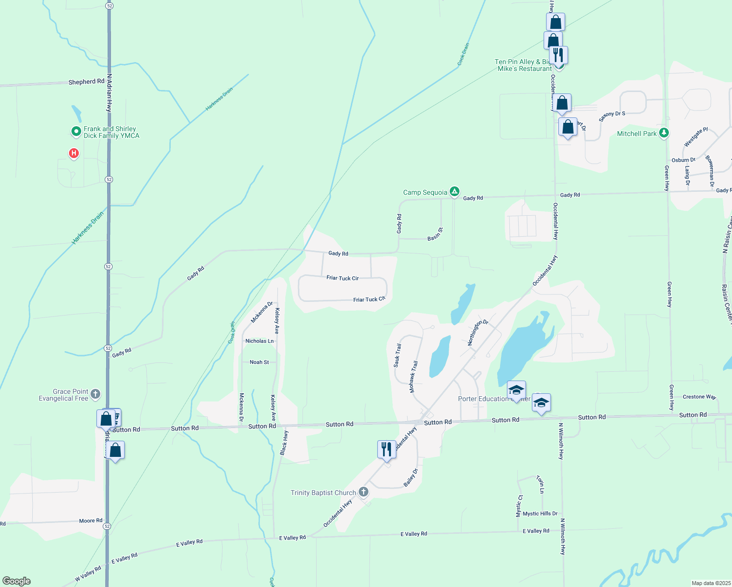 map of restaurants, bars, coffee shops, grocery stores, and more near 2043 Friar Tuck Cir in Adrian