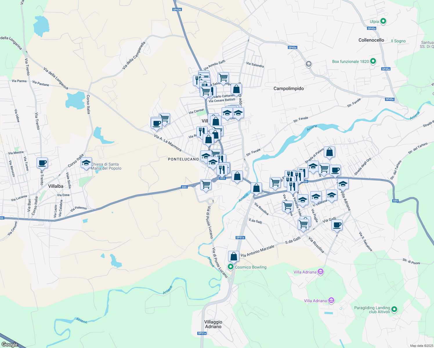 map of restaurants, bars, coffee shops, grocery stores, and more near Via Nazionale Tiburtina in Tivoli
