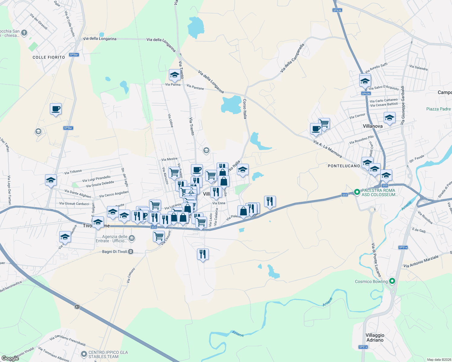 map of restaurants, bars, coffee shops, grocery stores, and more near 11 Via Bologna in Villalba