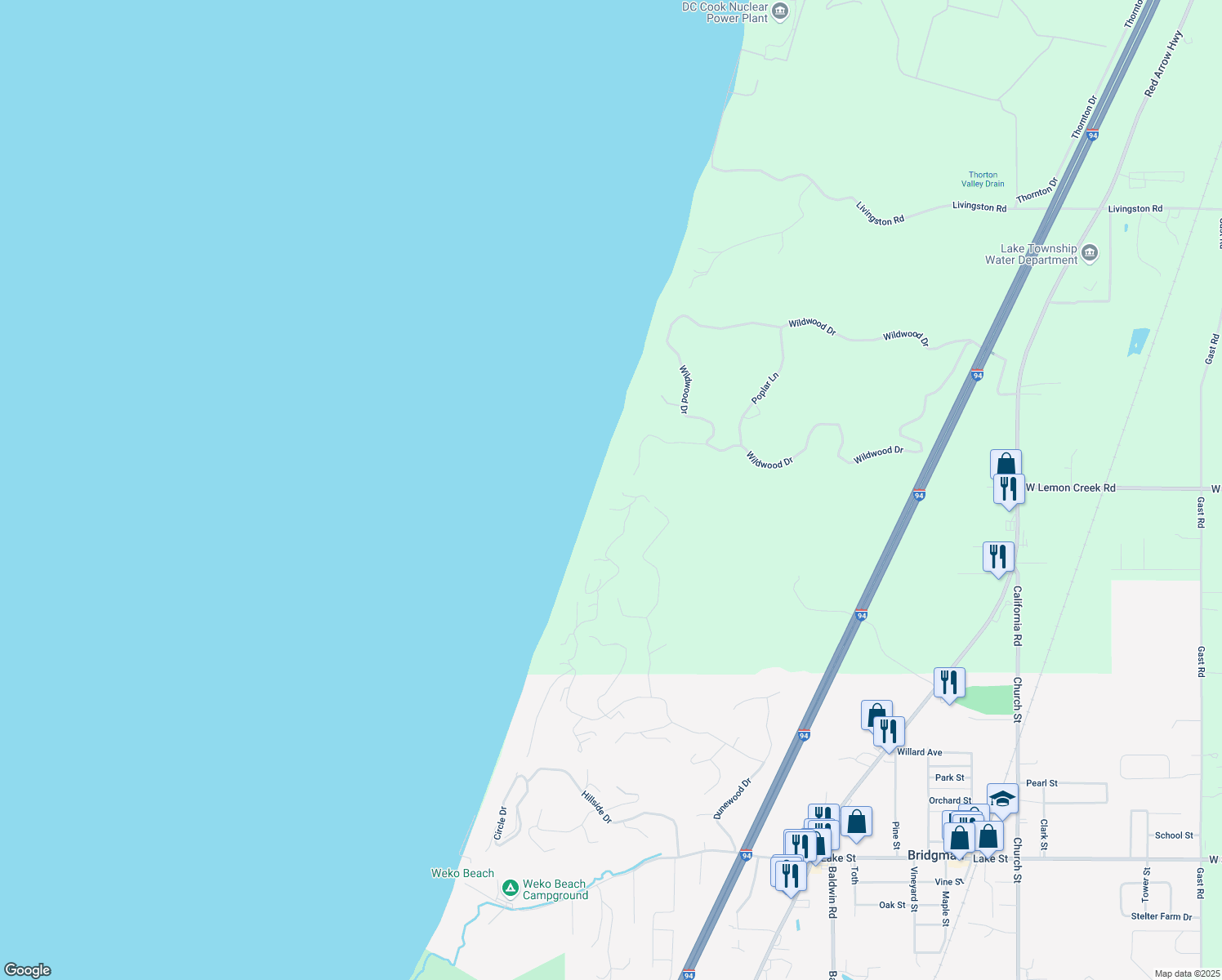 map of restaurants, bars, coffee shops, grocery stores, and more near 4701 Dunewood Drive in Bridgman