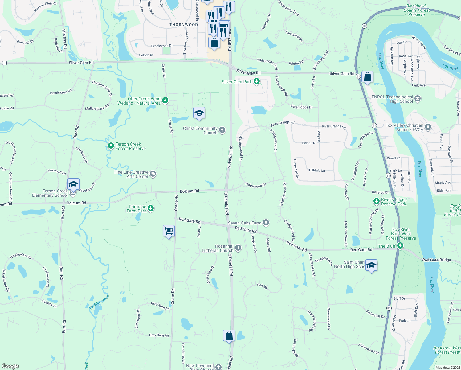 map of restaurants, bars, coffee shops, grocery stores, and more near 37W004 Ridgewood Drive in St. Charles