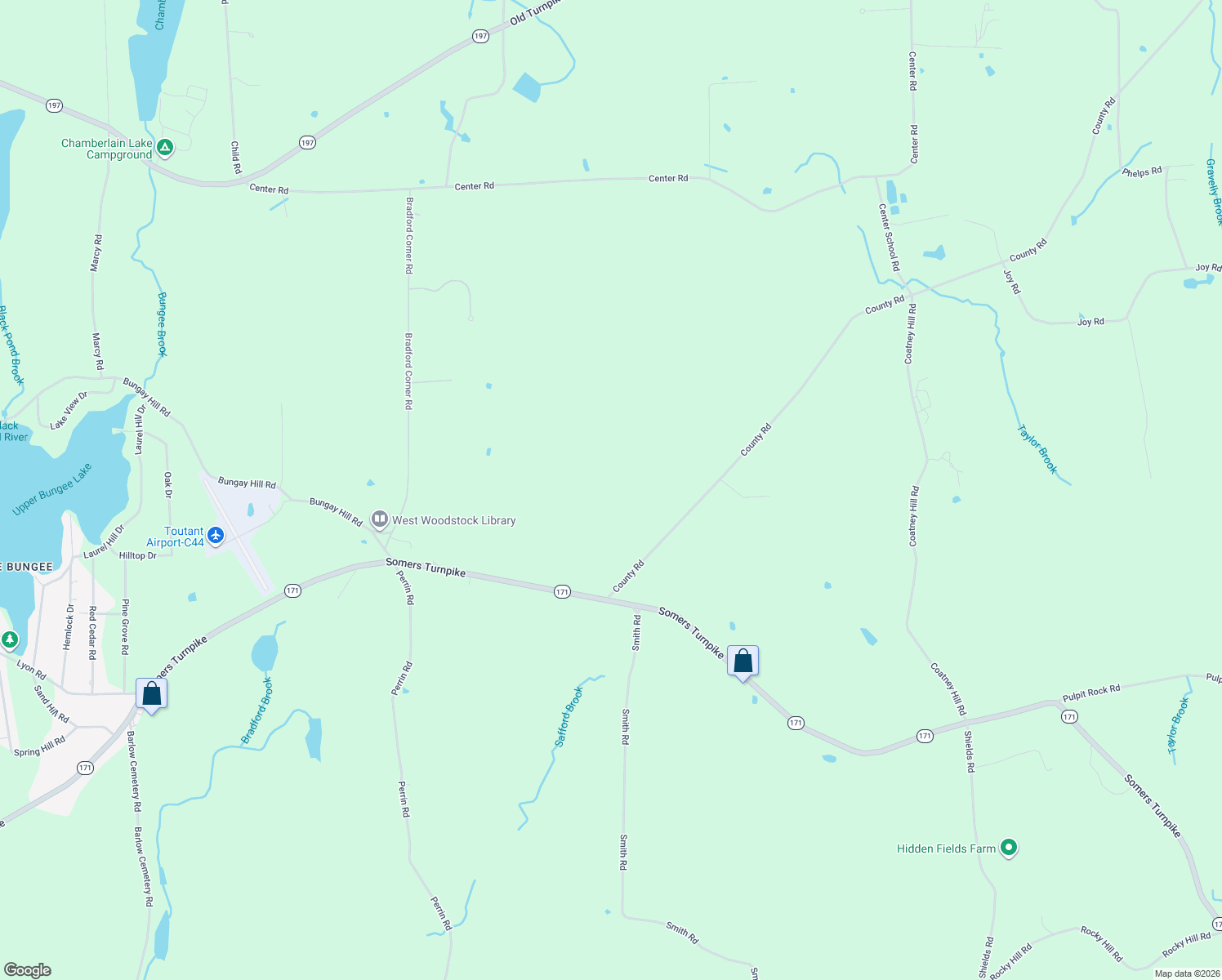 map of restaurants, bars, coffee shops, grocery stores, and more near 8 County Road in Woodstock