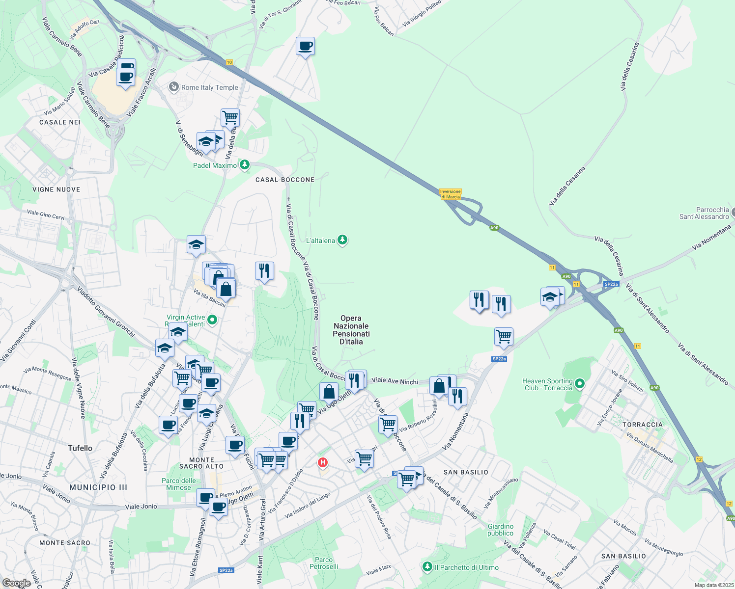 map of restaurants, bars, coffee shops, grocery stores, and more near 188 Via di Casal Boccone in Roma