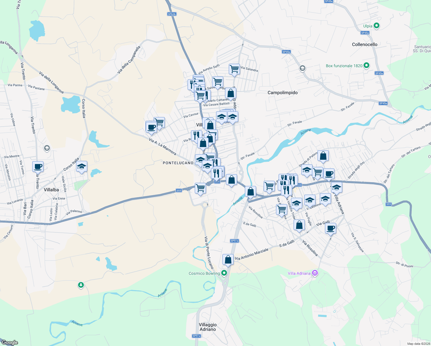 map of restaurants, bars, coffee shops, grocery stores, and more near 26 Via Maremmana Inferiore in Villanova
