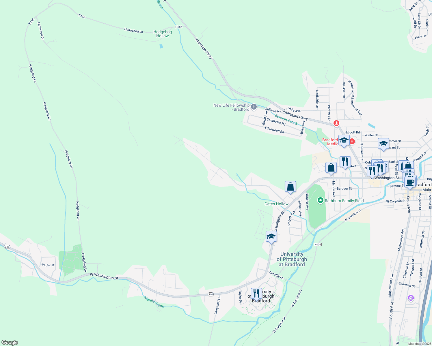 map of restaurants, bars, coffee shops, grocery stores, and more near 19 Foster Drive in Bradford