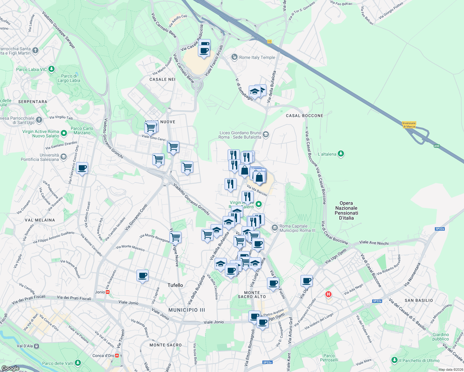map of restaurants, bars, coffee shops, grocery stores, and more near 22 Via Giulio Antamoro in Roma