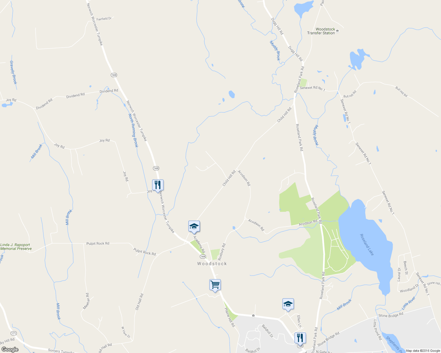 map of restaurants, bars, coffee shops, grocery stores, and more near 12 Sunrise Drive in Woodstock