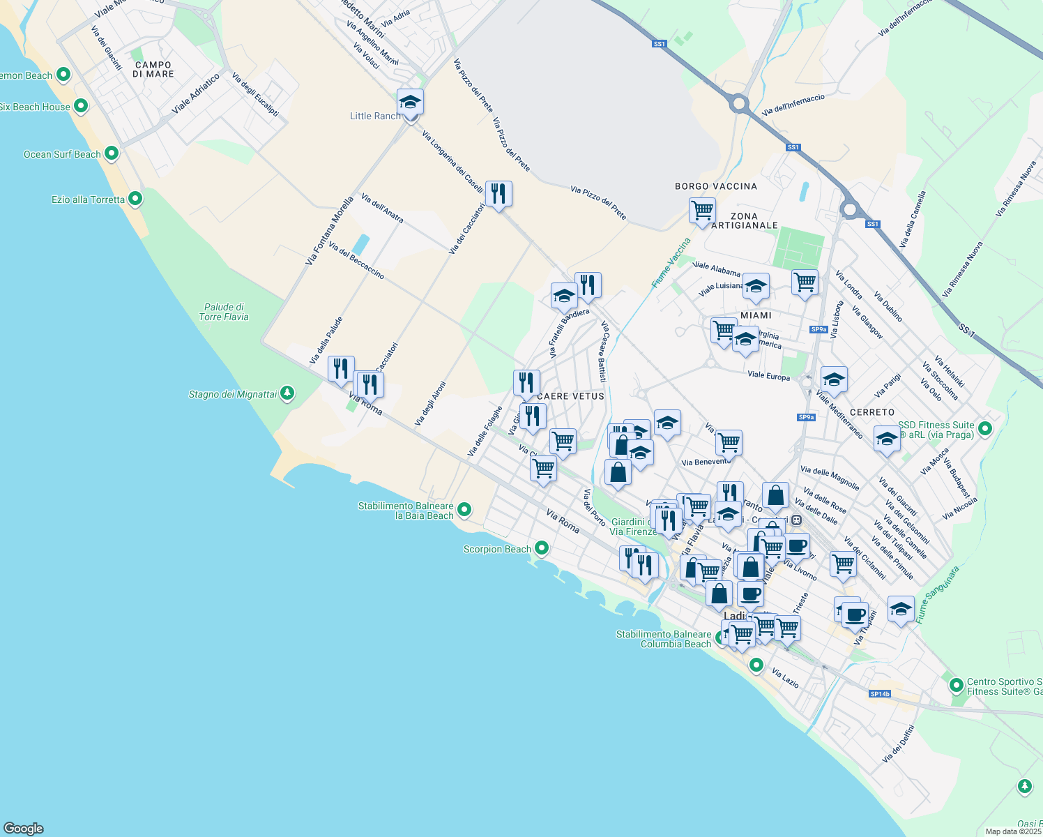 map of restaurants, bars, coffee shops, grocery stores, and more near 10 Via Giovanni XXIII in Ladispoli