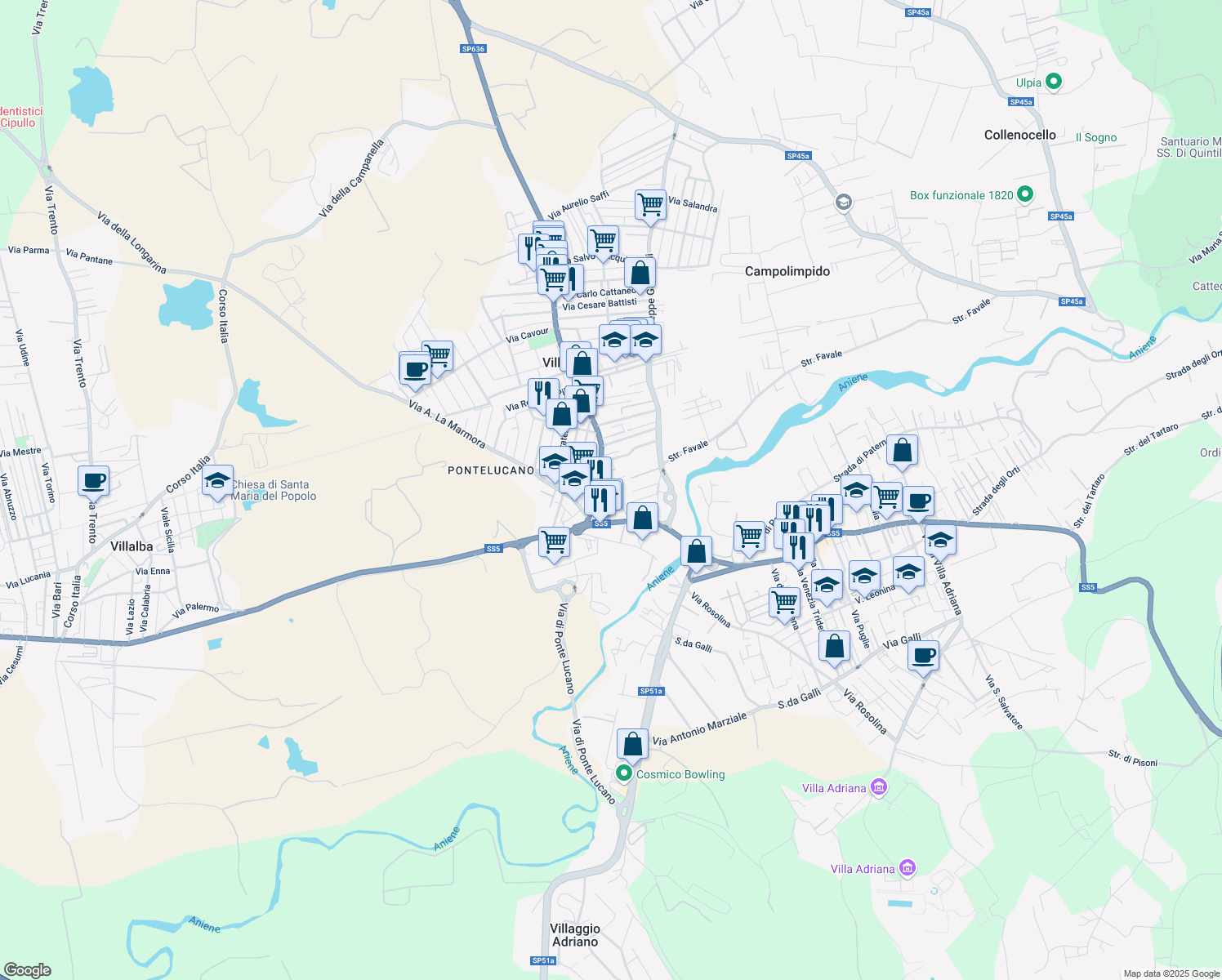 map of restaurants, bars, coffee shops, grocery stores, and more near 18 Via Giovanni Bovio in Villanova