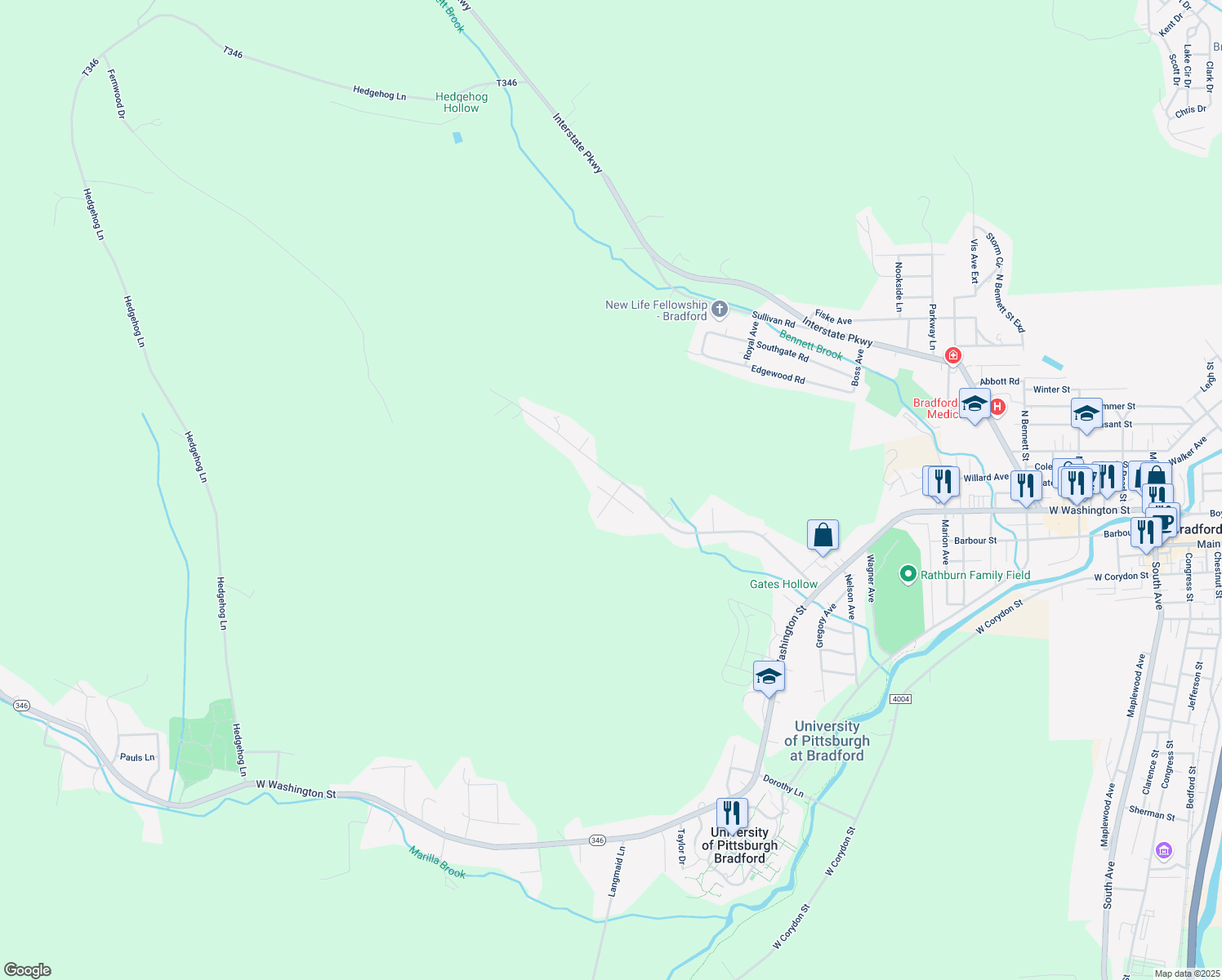 map of restaurants, bars, coffee shops, grocery stores, and more near 19-31 Foster Drive in Bradford