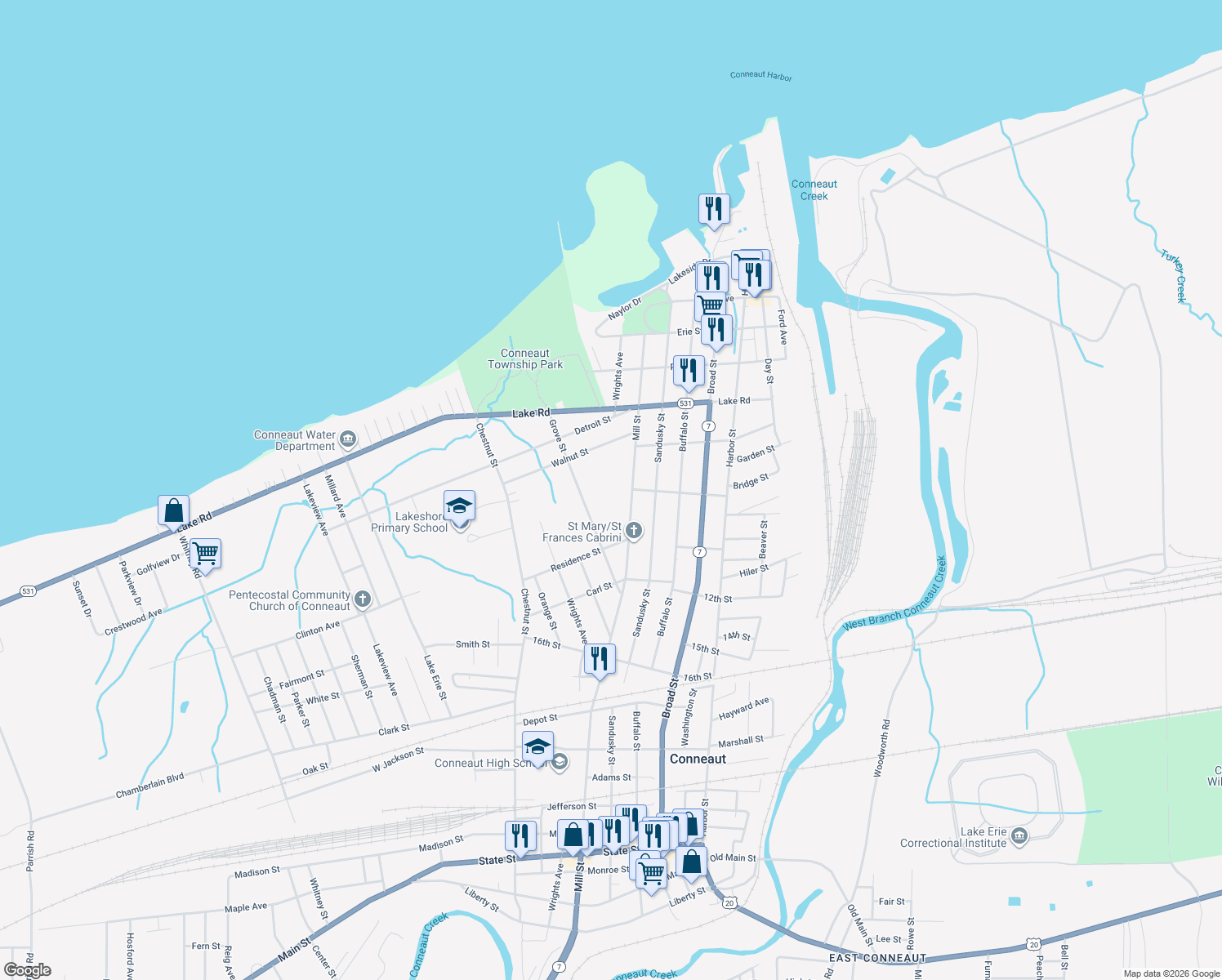 map of restaurants, bars, coffee shops, grocery stores, and more near 805 Mill Street in Conneaut