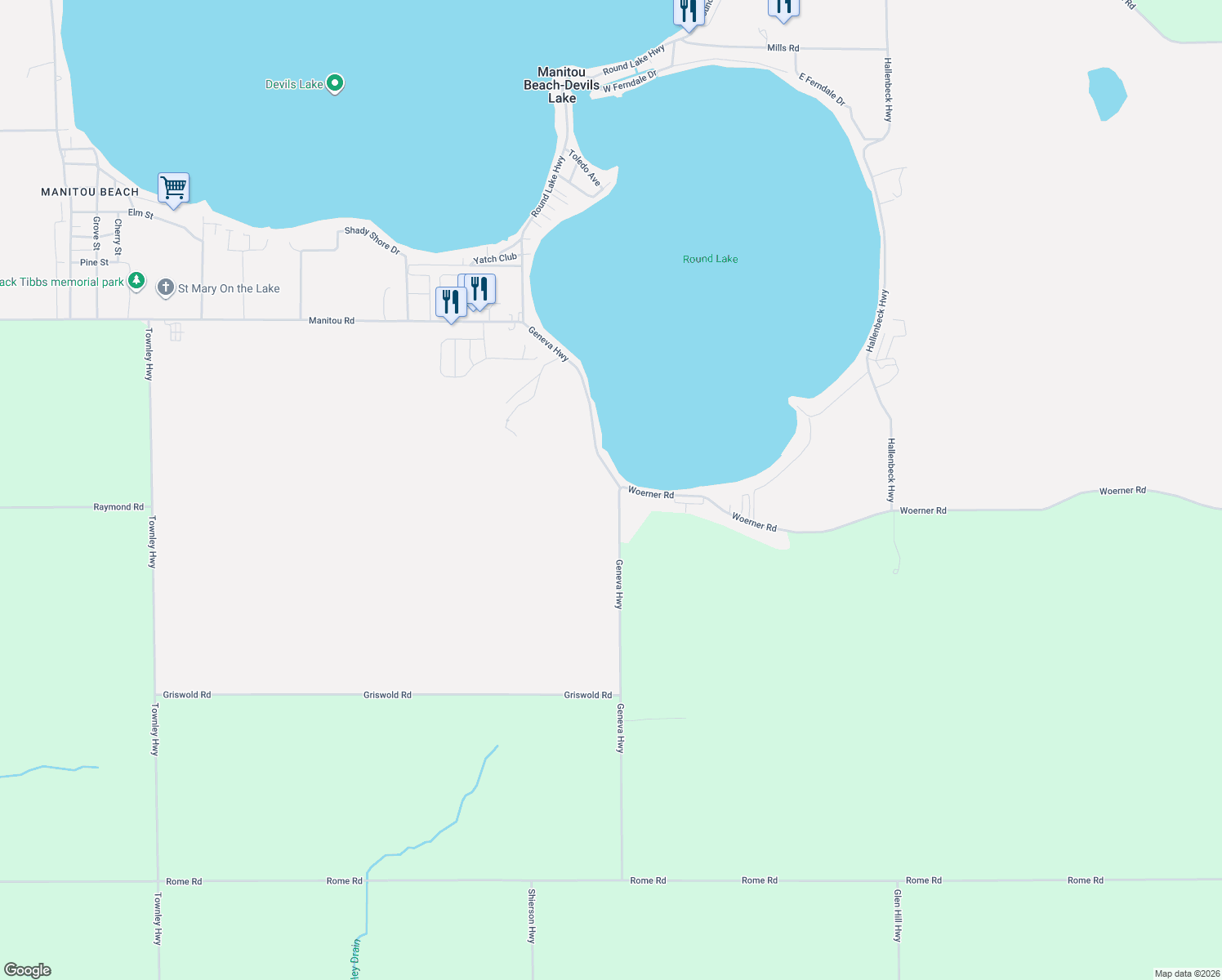 map of restaurants, bars, coffee shops, grocery stores, and more near 3591 Geneva Highway in Manitou Beach-Devils Lake